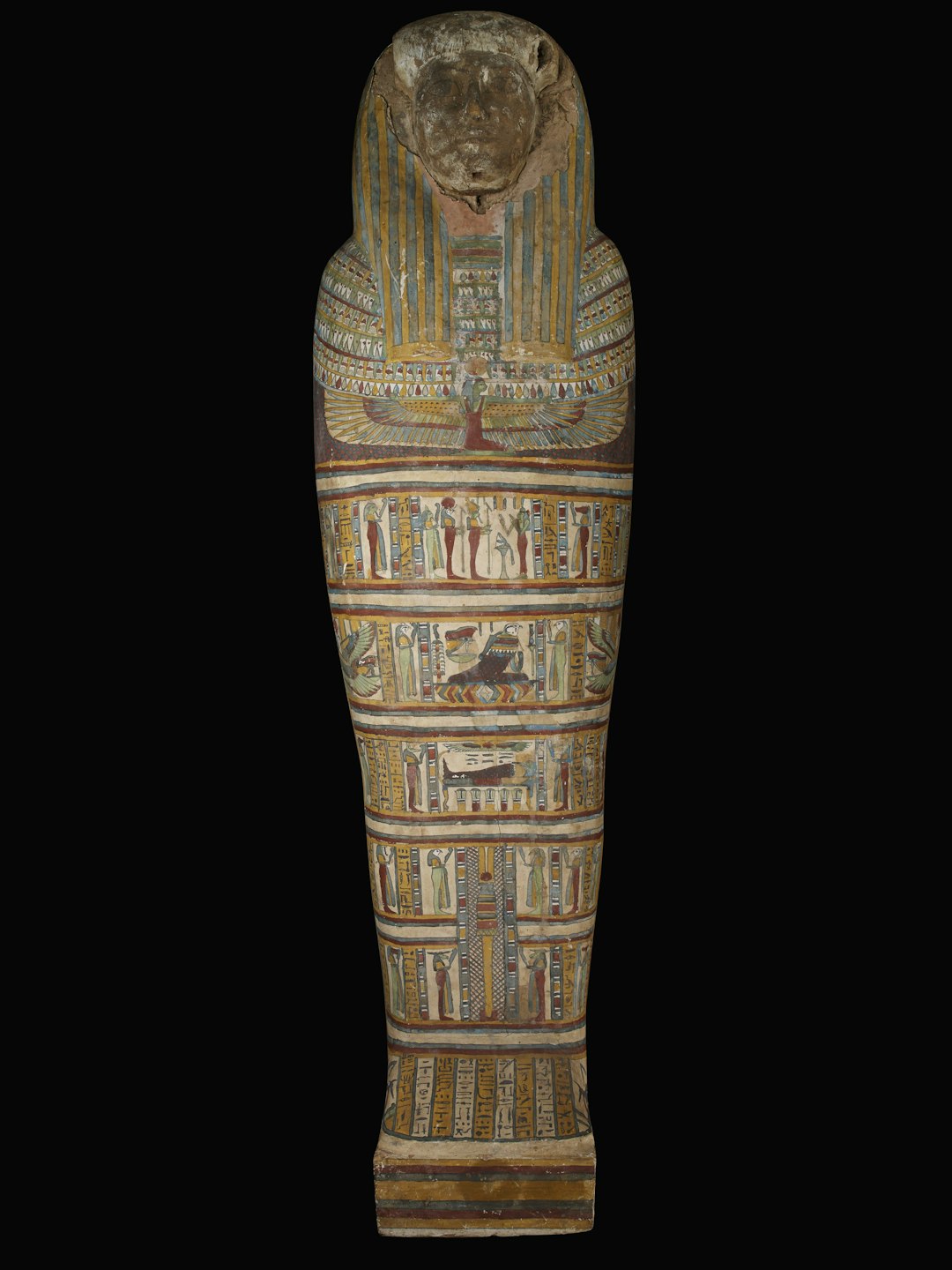 Title: 1933A177.2 Coffin of Lady Tadi-en-hent awy Description: 1933A177.2 Painted plaster on wood coffin belonging to Lady Tadi-en-hent awy daughter of Nes-Khonsu, 650-500 BC, Late Period (26th Dynasty) Keywords: Birmingham Museums Trust/Birmingham Museum & Art Gallery, Ancient Egypt, Sarcophagus, Death, Coffin, Mummy, hieroglyphs, Antiquities/Ancient Egypt https://dams.birminghammuseums.org.uk/asset-bank/action/viewAsset?id=13156